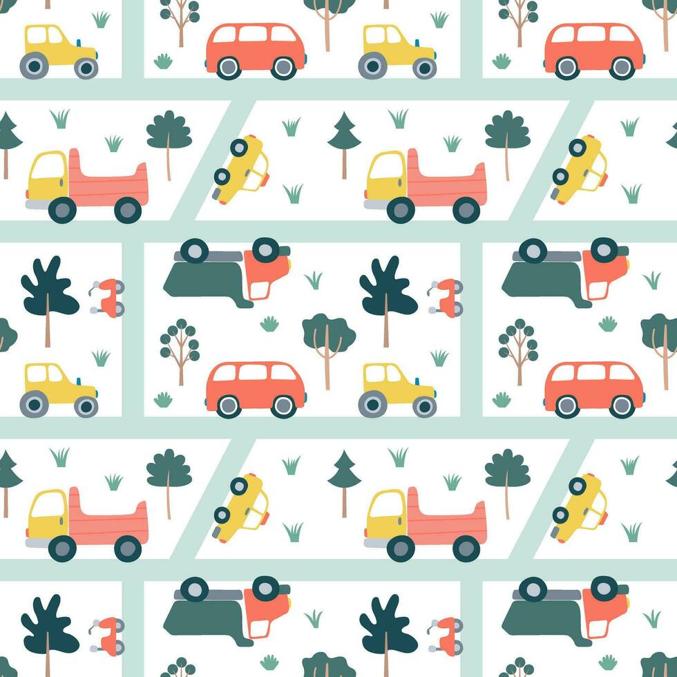 Flat style kids road map with different transport seamless pattern. Vector car map pattern in flat style