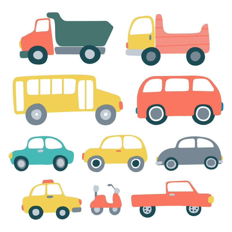 Children map transport set. Vector different kinds of transport in hand drawn flat style set