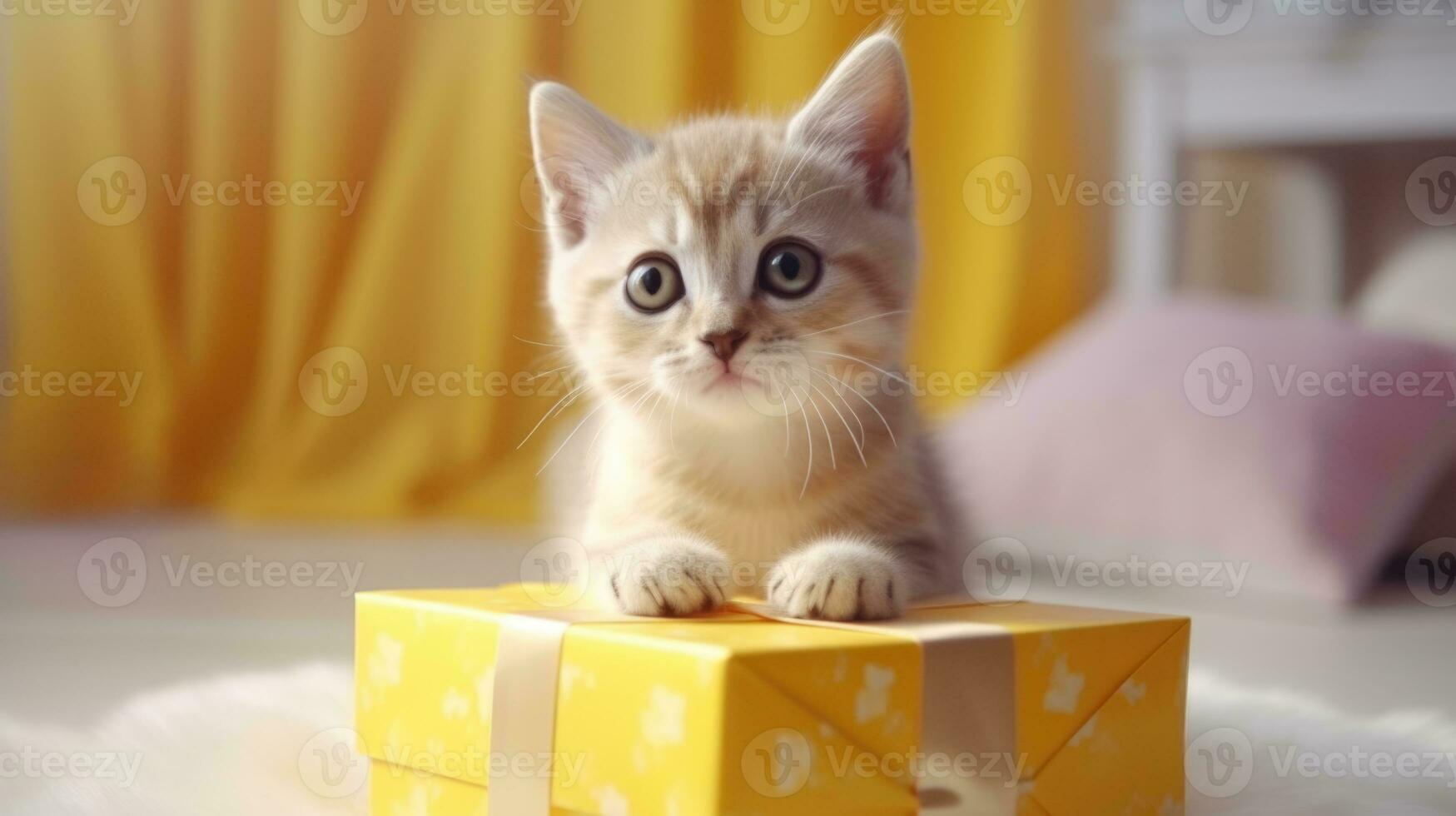 AI generated cat kitten with gift box, ai photo