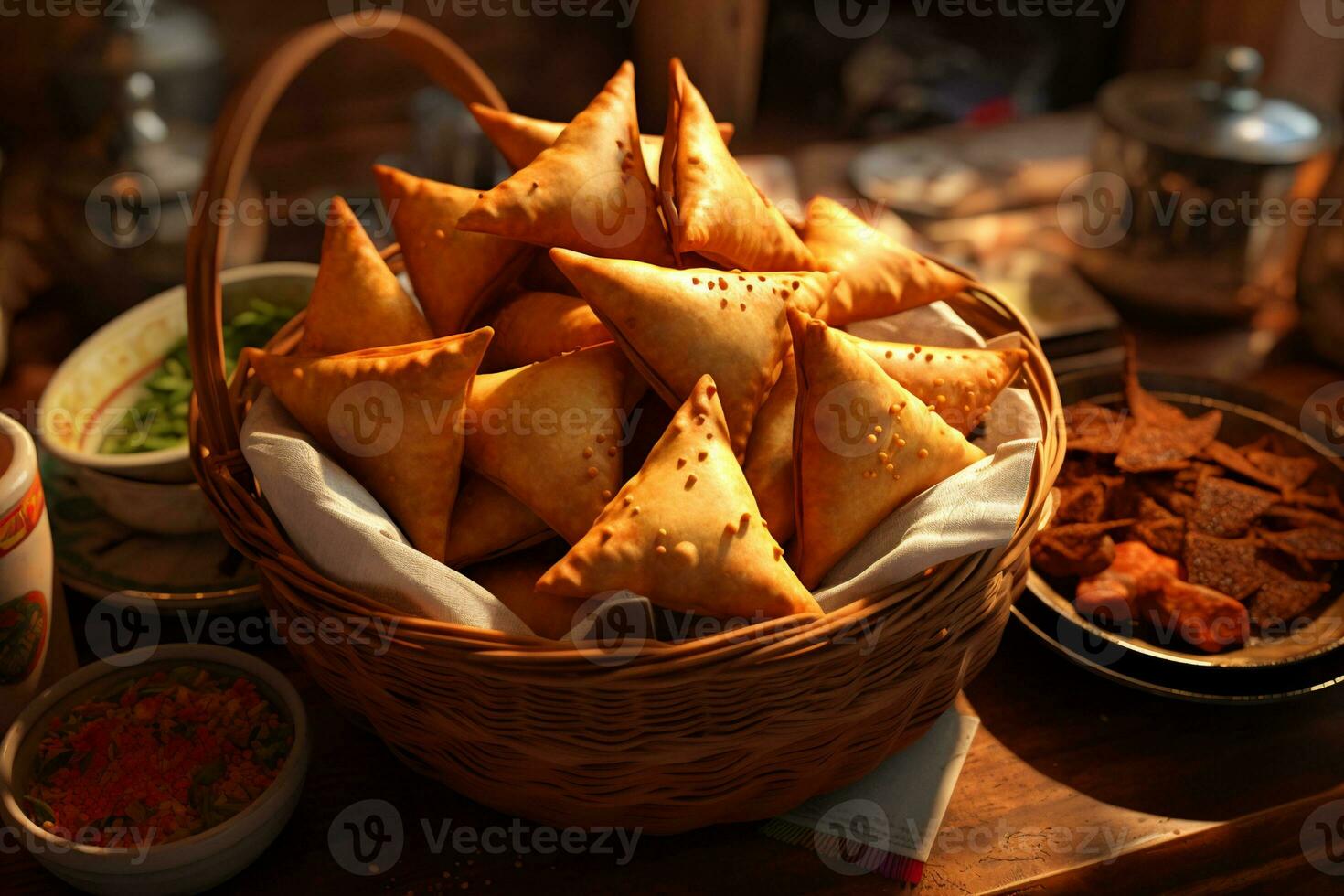 AI generated a basket of Indian snacks photo