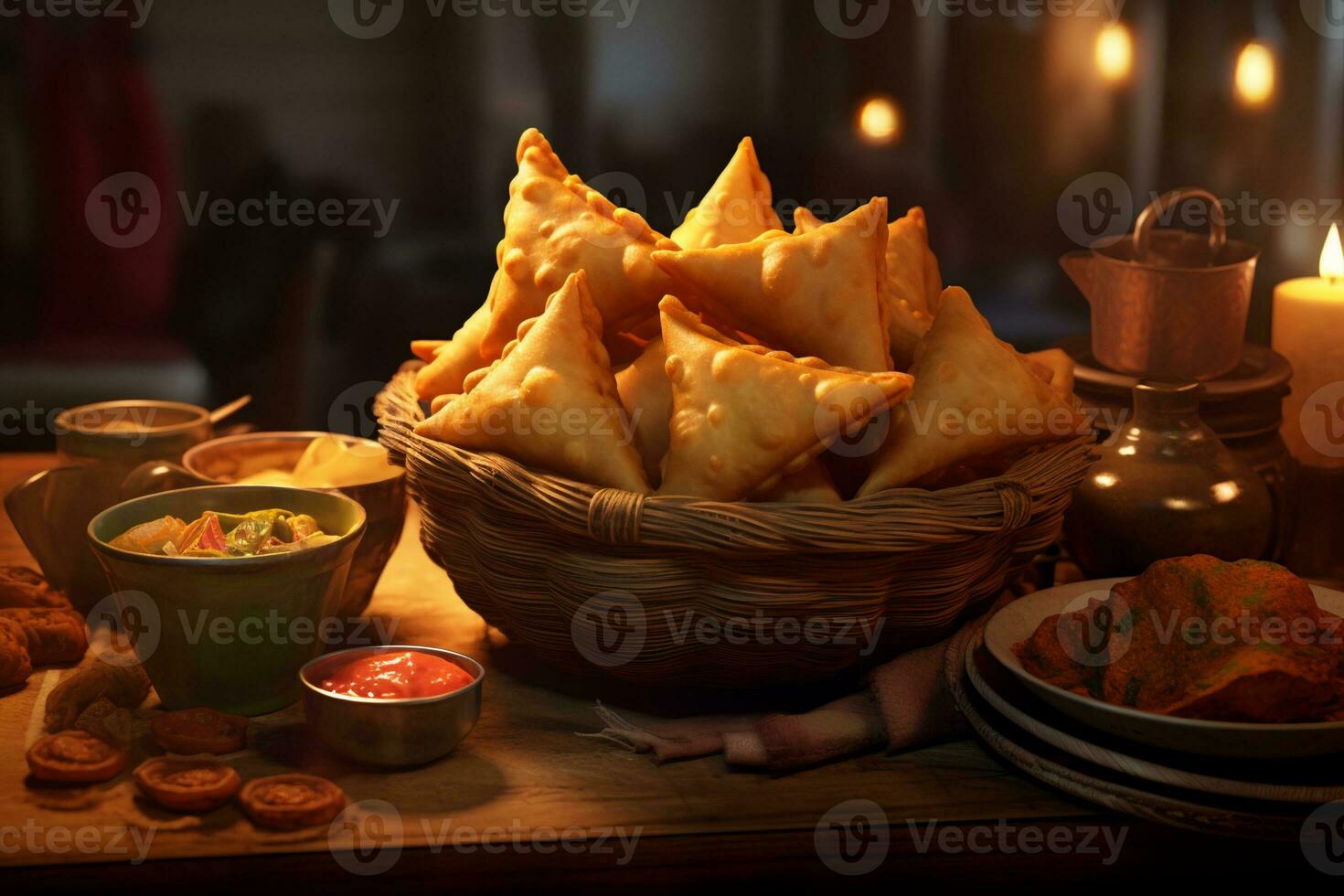AI generated a basket of Indian snacks photo