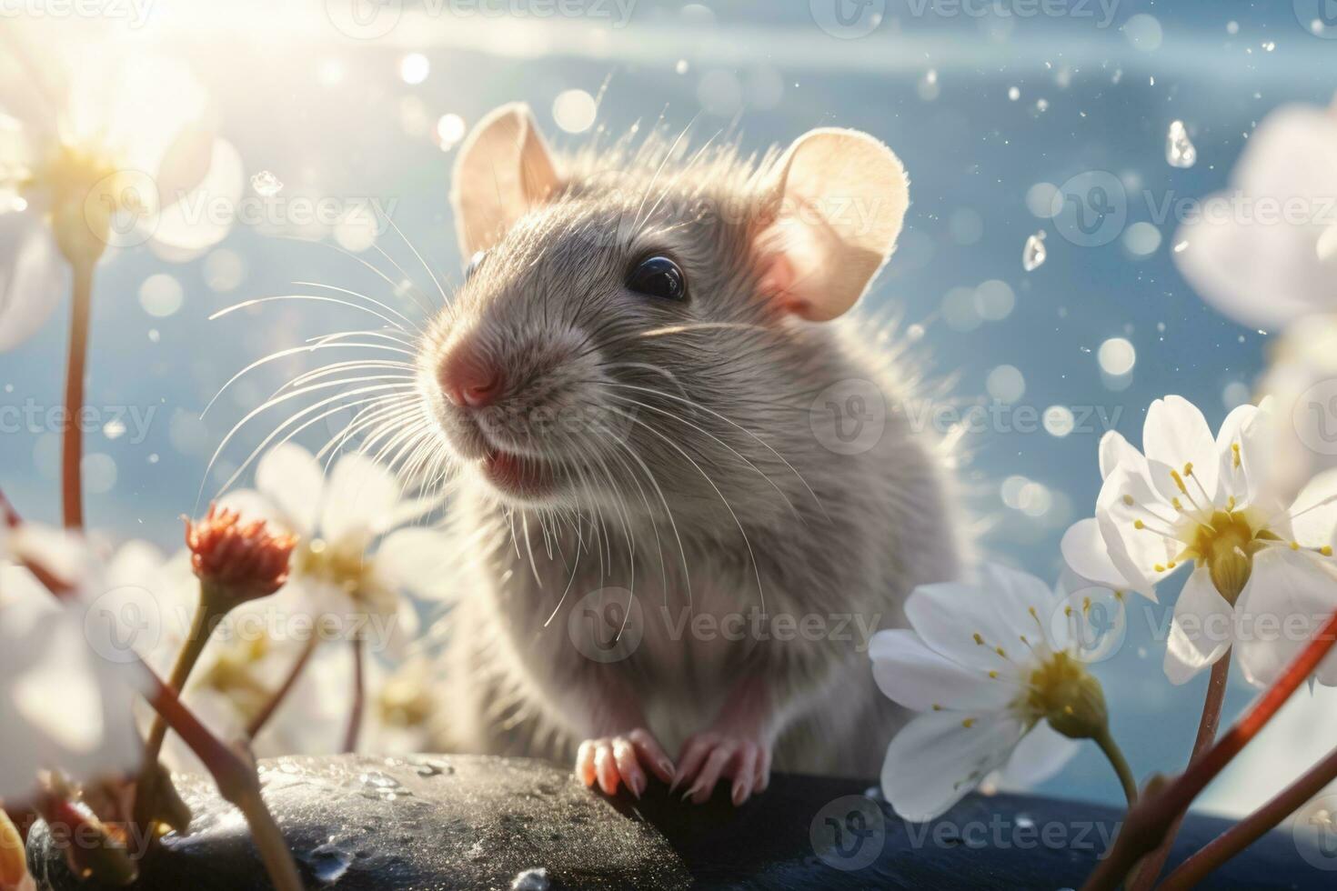 AI generated Little cute white mouse sitting on a branch of a spring flowering photo