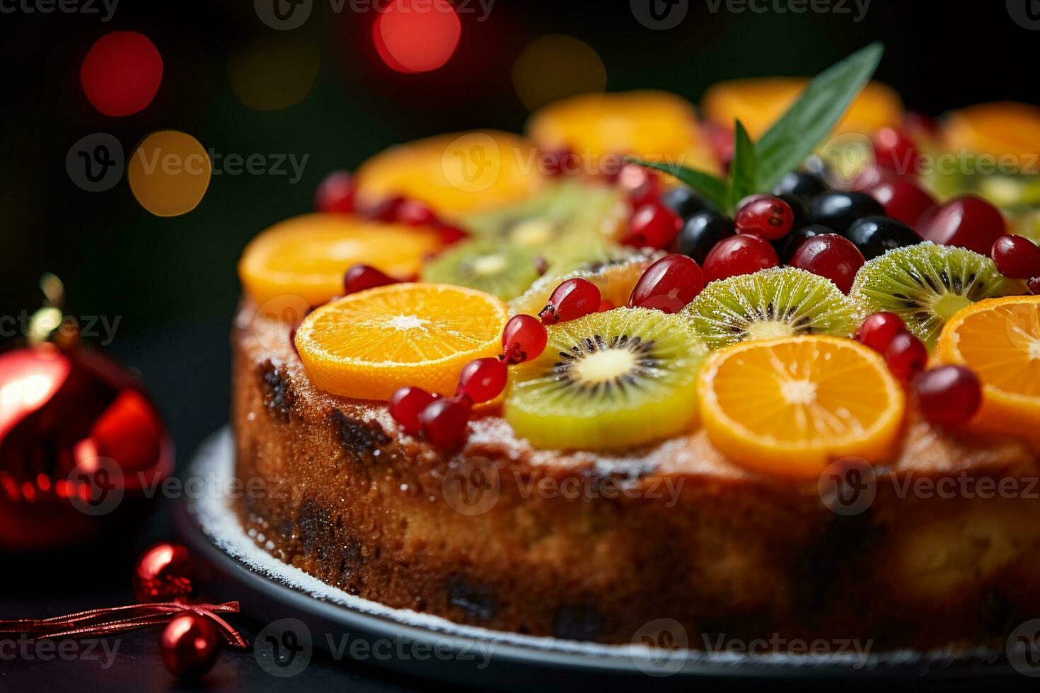 AI generated a fruit cake with a variety of fruits on top photo