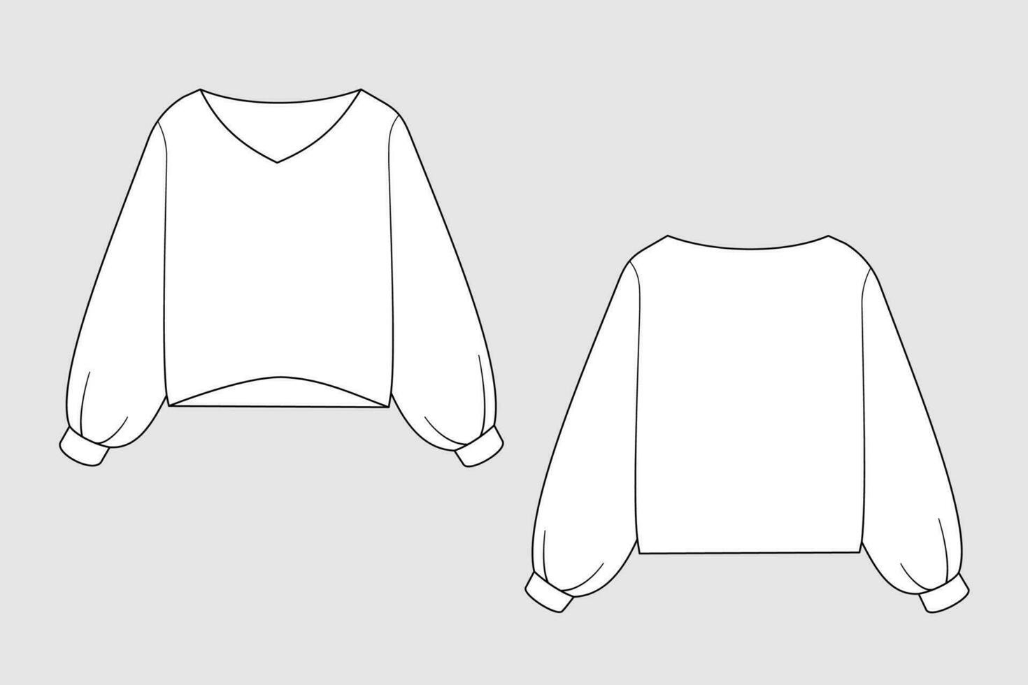 Female sweatshirt vector template isolated on a grey background. Front and back view. Outline fashion technical sketch of clothes model.