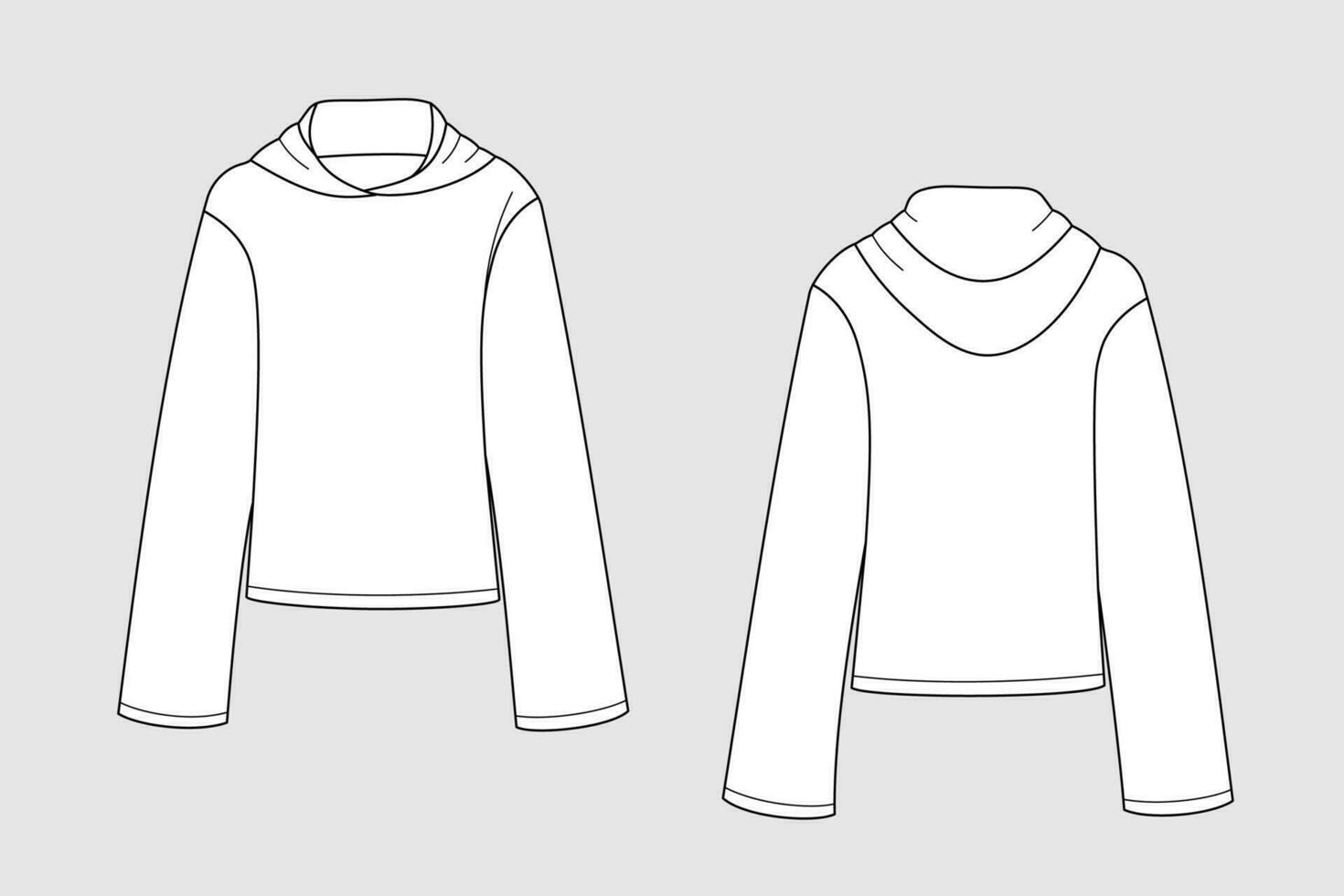 Hoodie female vector template isolated on a white background. Front and back view. Outline fashion technical sketch of clothes model.