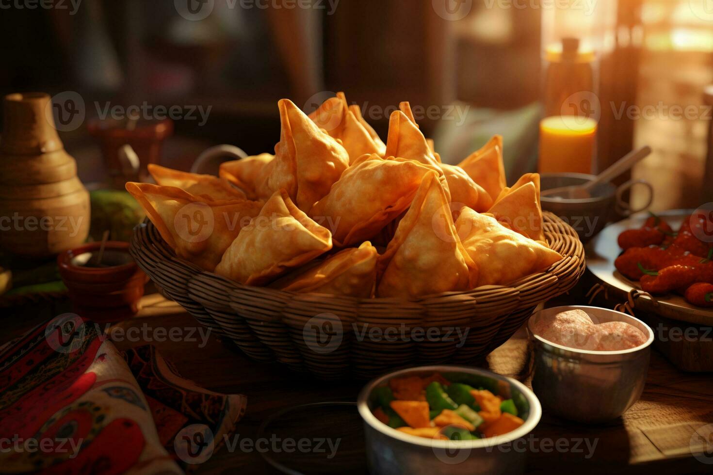 AI generated a basket of Indian snacks photo