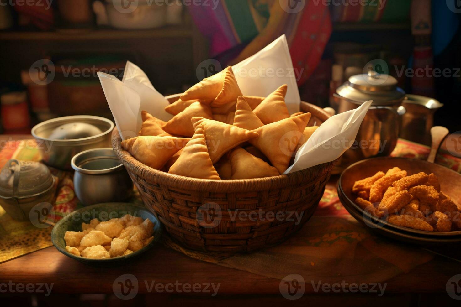 AI generated a basket of Indian snacks photo