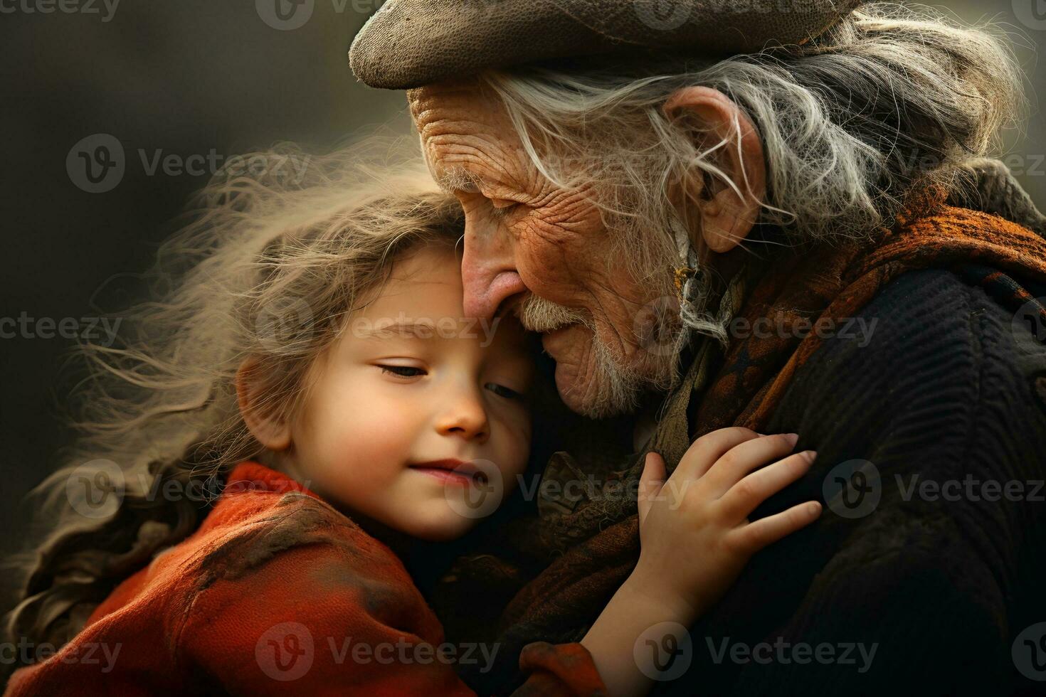 ai generado contento antiguo abuela abrazando pequeño nieto foto