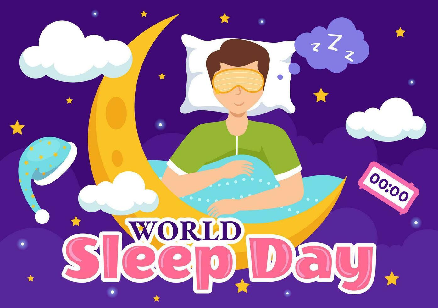 World Sleep Day Vector Illustration on March 17 with People Sleeping, Clouds, Planet Earth and the Moon in Sky Backgrounds Flat Cartoon Design