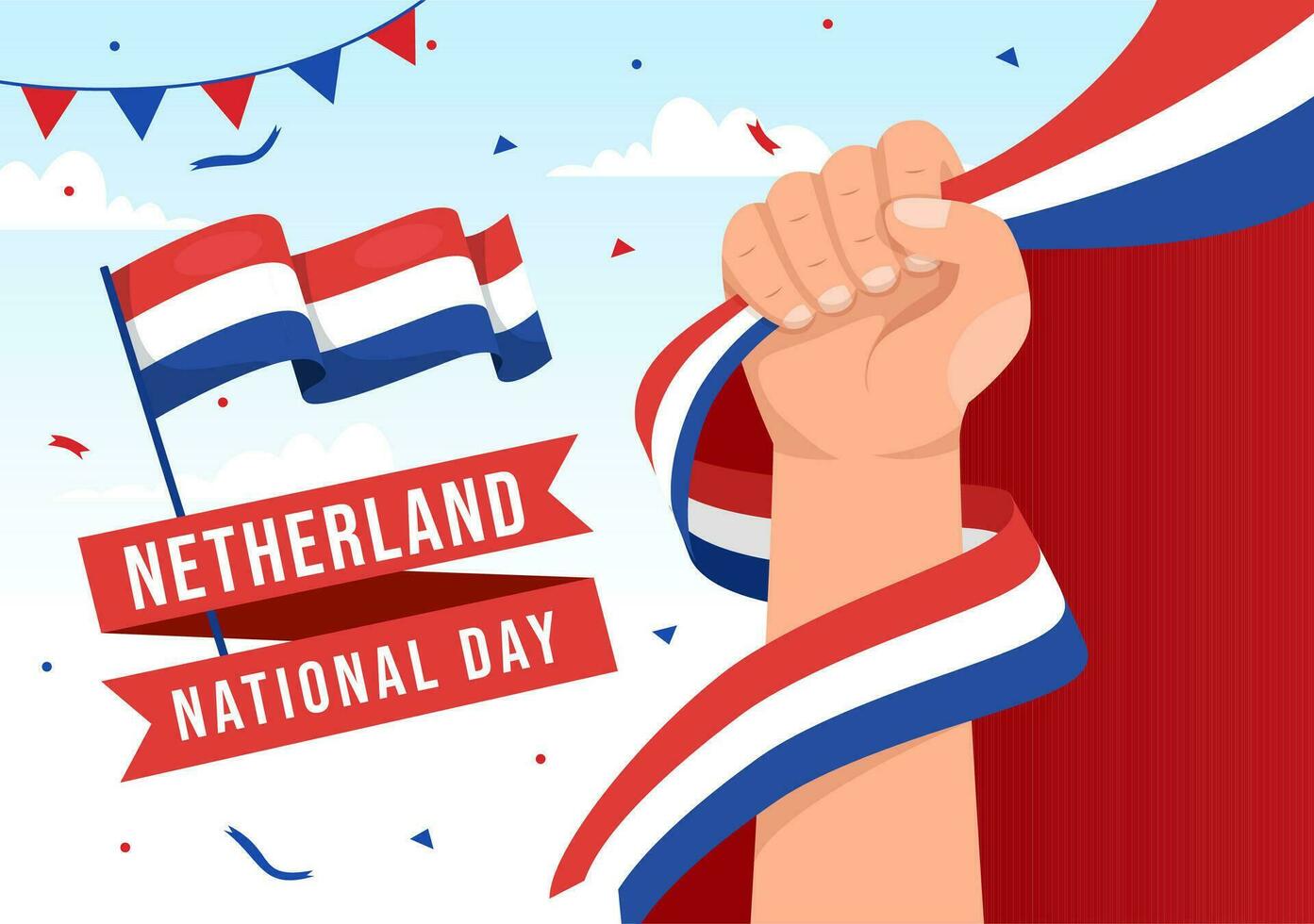 contento Holanda nacional día vector ilustración con Países Bajos bandera y cielo azul antecedentes en plano dibujos animados diseño