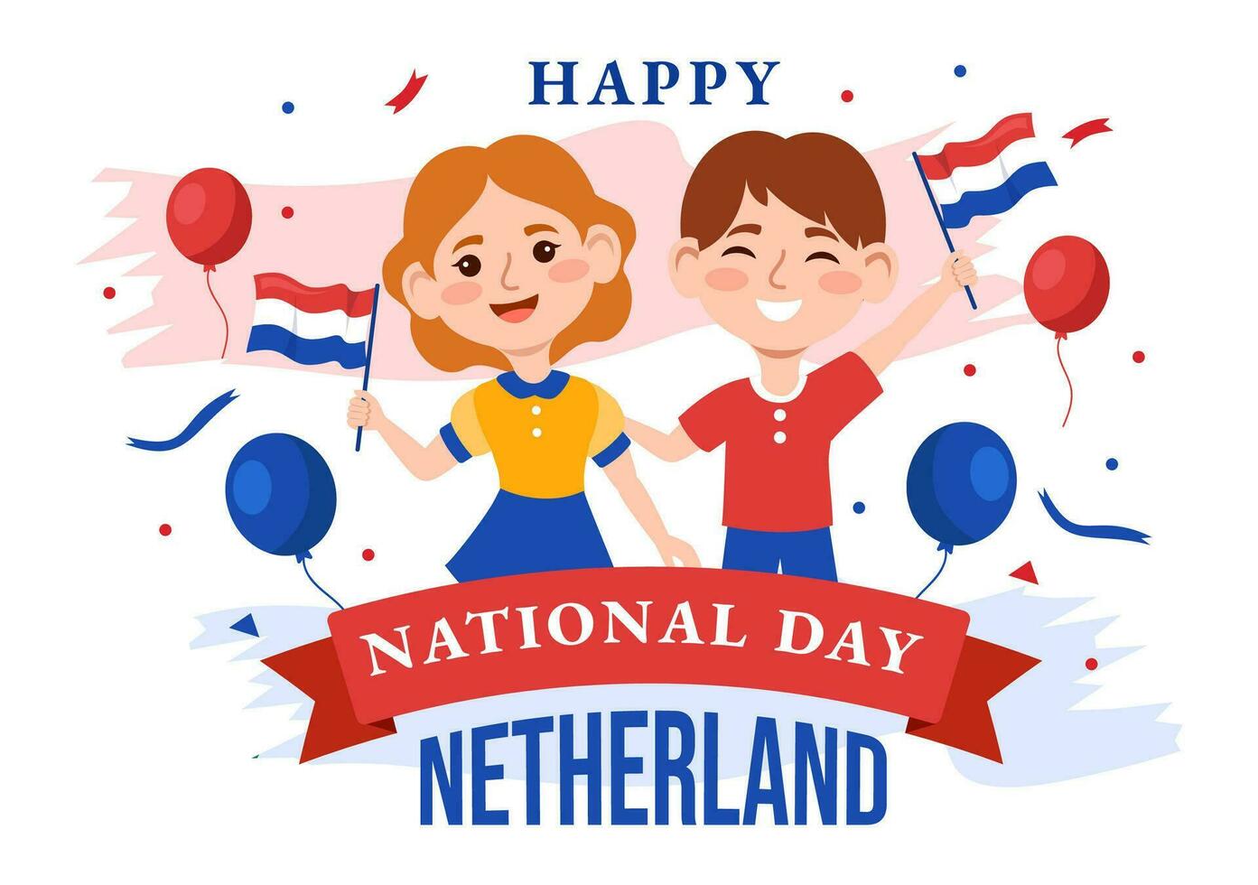 contento Holanda nacional día vector ilustración con niños, Países Bajos bandera y cielo azul antecedentes en plano dibujos animados diseño