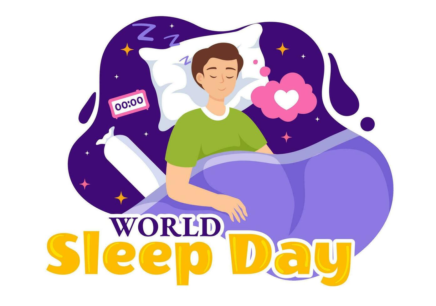 World Sleep Day Vector Illustration on March 17 with People Sleeping, Clouds, Planet Earth and the Moon in Sky Backgrounds Flat Cartoon Design