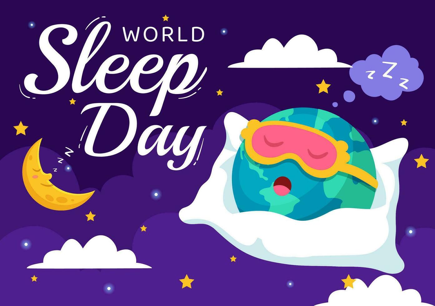 World Sleep Day Vector Illustration on March 17 with People Sleeping, Clouds, Planet Earth and the Moon in Sky Backgrounds Flat Cartoon Design