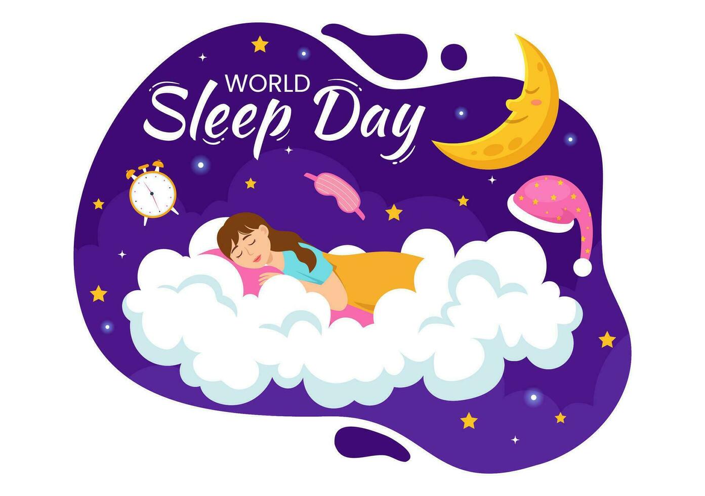 World Sleep Day Vector Illustration on March 17 with People Sleeping, Clouds, Planet Earth and the Moon in Sky Backgrounds Flat Cartoon Design