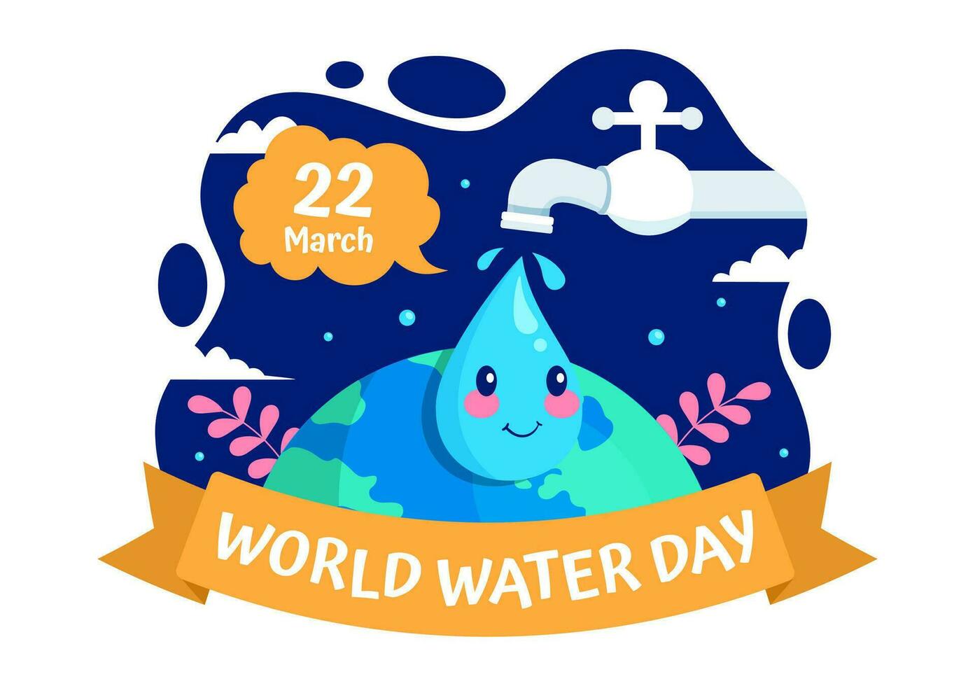 mundo agua día vector ilustración en 22 marzo con gota de agua y grifos a salvar tierra y administración de agua dulce en antecedentes diseño