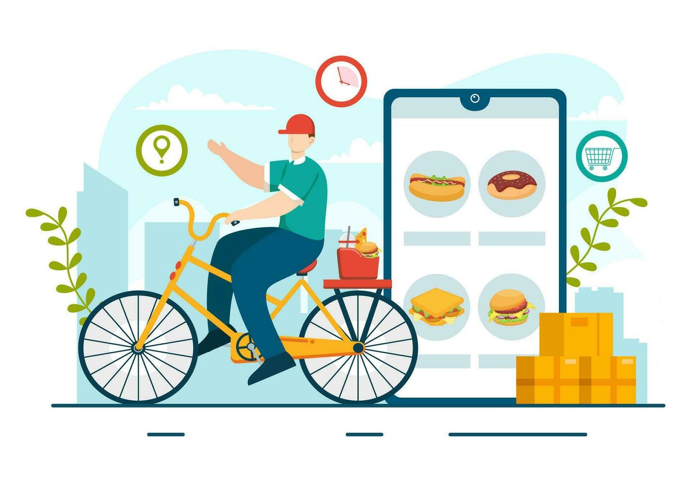Online Food Delivery Vector Illustration with Order Food on the Phone and it will be Delivered According to the Destination in Flat Cartoon Background