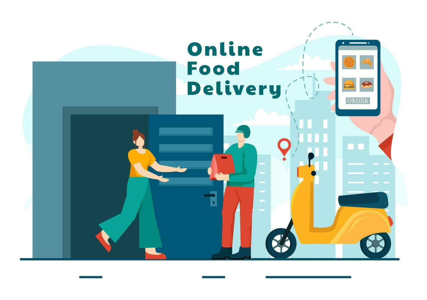 Online Food Delivery Vector Illustration with Order Food on the Phone and it will be Delivered According to the Destination in Flat Cartoon Background