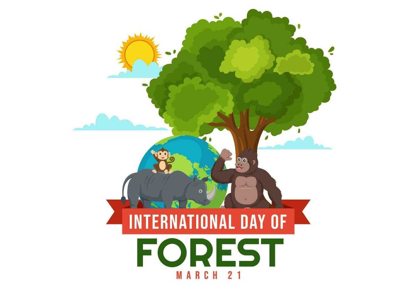International Forest Day Vector Illustration on 21 March with Plants, Trees, Green Fields and Various Wildlife to Economic Forestry in Background