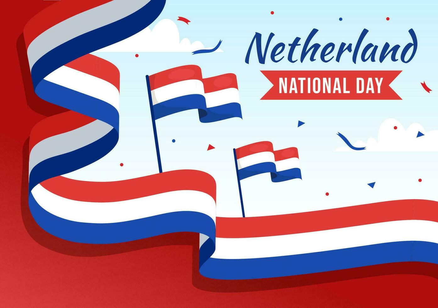 contento Holanda nacional día vector ilustración con Países Bajos bandera y cielo azul antecedentes en plano dibujos animados diseño