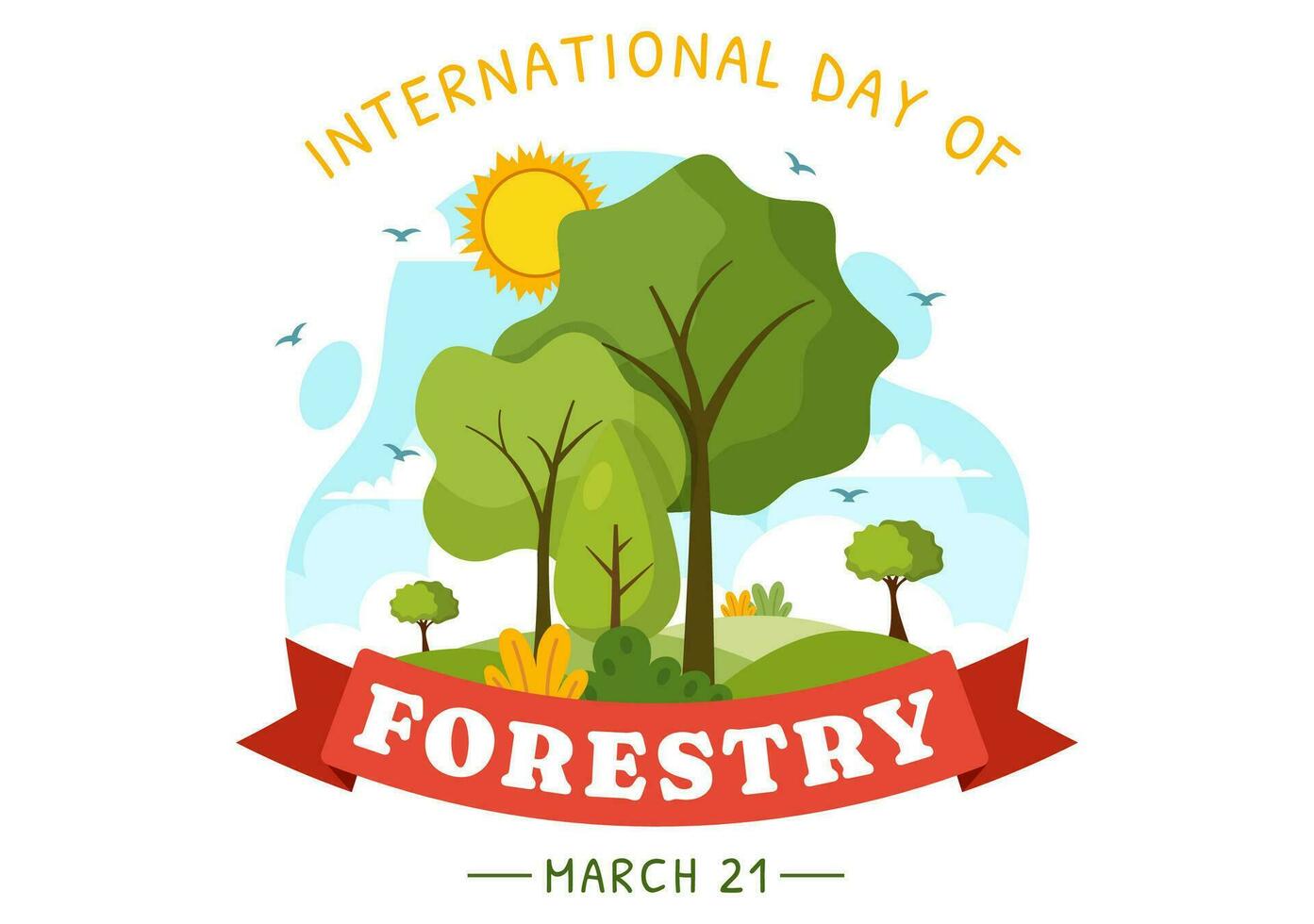 internacional bosque día vector ilustración en 21 marzo con plantas, árboles, verde campos y varios fauna silvestre a económico silvicultura en antecedentes