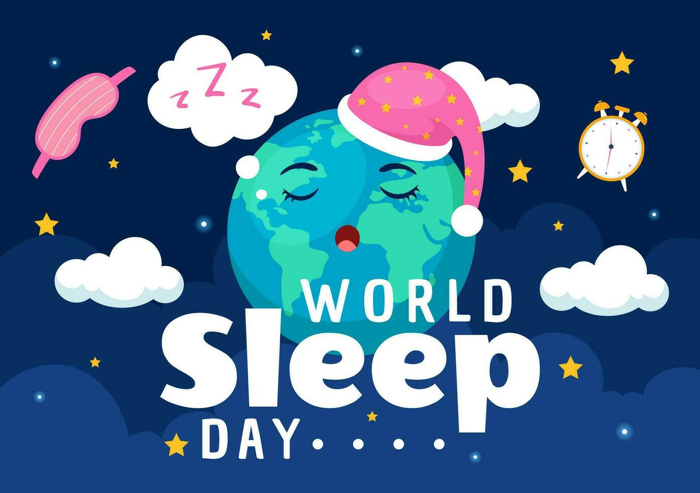 mundo dormir día vector ilustración en marzo 17 con personas durmiendo, nubes, planeta tierra y el Luna en cielo antecedentes plano dibujos animados diseño