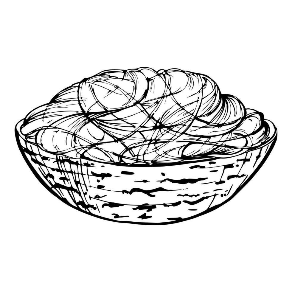 Hand drawn vector ink illustration. Long pasta Italian cuisine spaghetti vermicelli noodles in bowl. Single object element isolated on white. For restaurant, menu, food shop and package, flyer, print.