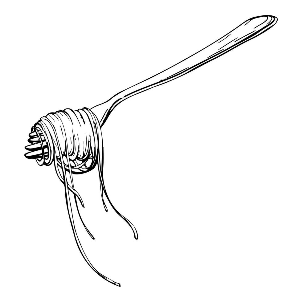 Hand drawn vector ink illustration. Long pasta Italian cuisine spaghetti vermicelli noodles on fork. Single object element isolated on white. For restaurant, menu, food shop and package, flyer, print.