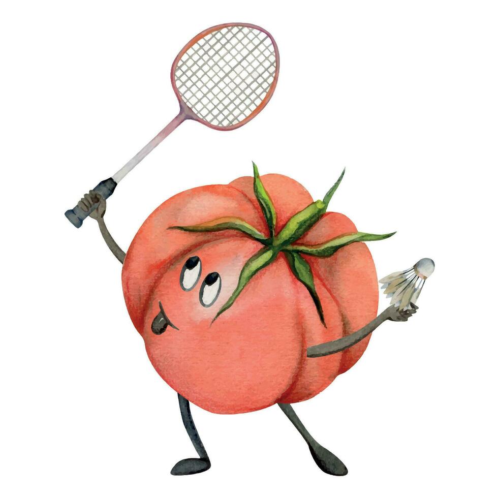 Hand drawn watercolor cute tomato character playing badminton, racquet and shuttlecock. Fitness health. Illustration isolated composition, white background. Design poster, print, website, card, gym vector