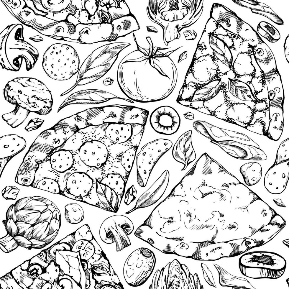 Hand drawn vector ink illustration. Pizza slice with toppings, traditional Italian cuisine meal. Seamless pattern isolated on white. Design restaurant menu, cafe, food shop or package, flyer, print.