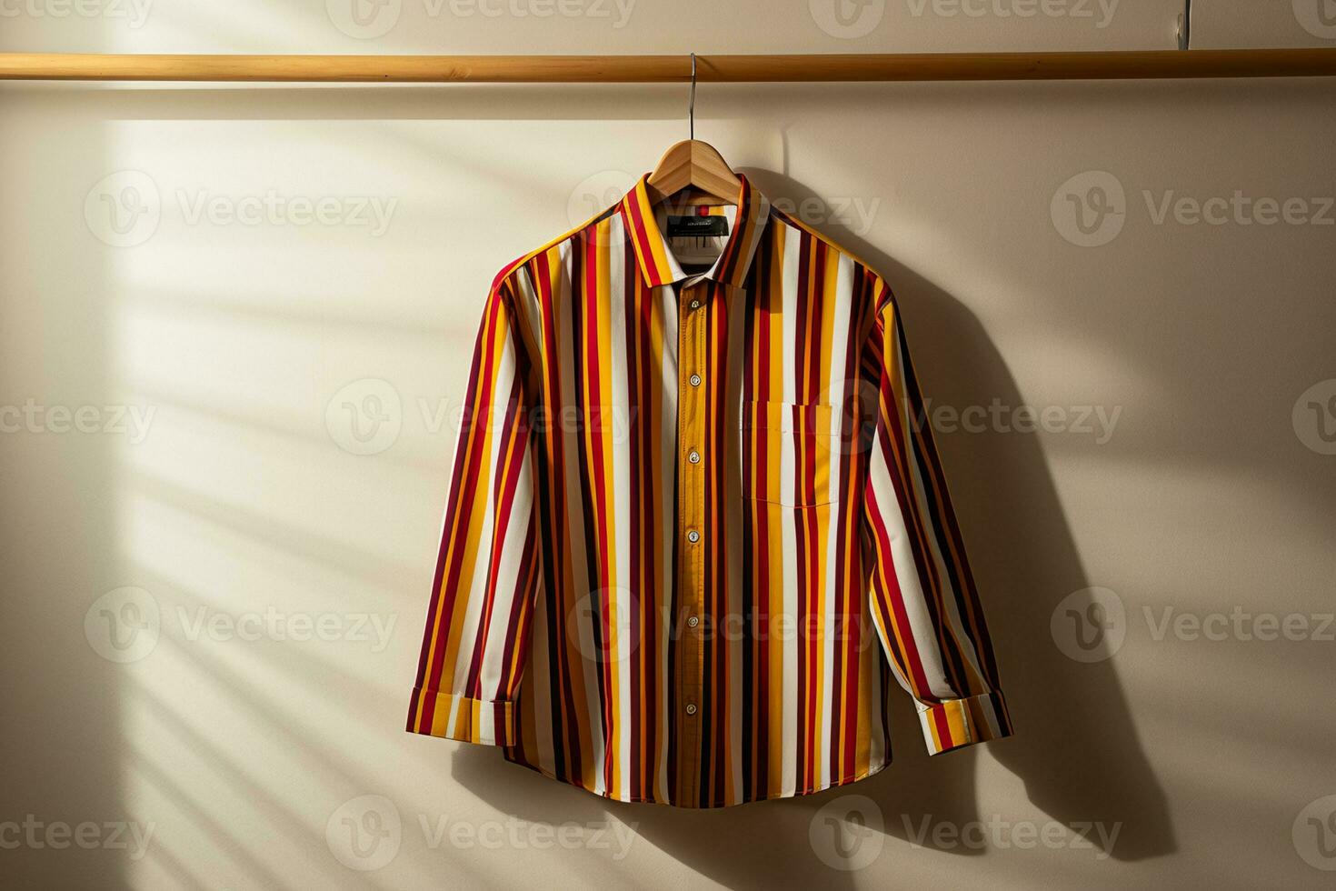 AI generated colorful striped retro shirt hanging on hanger photo