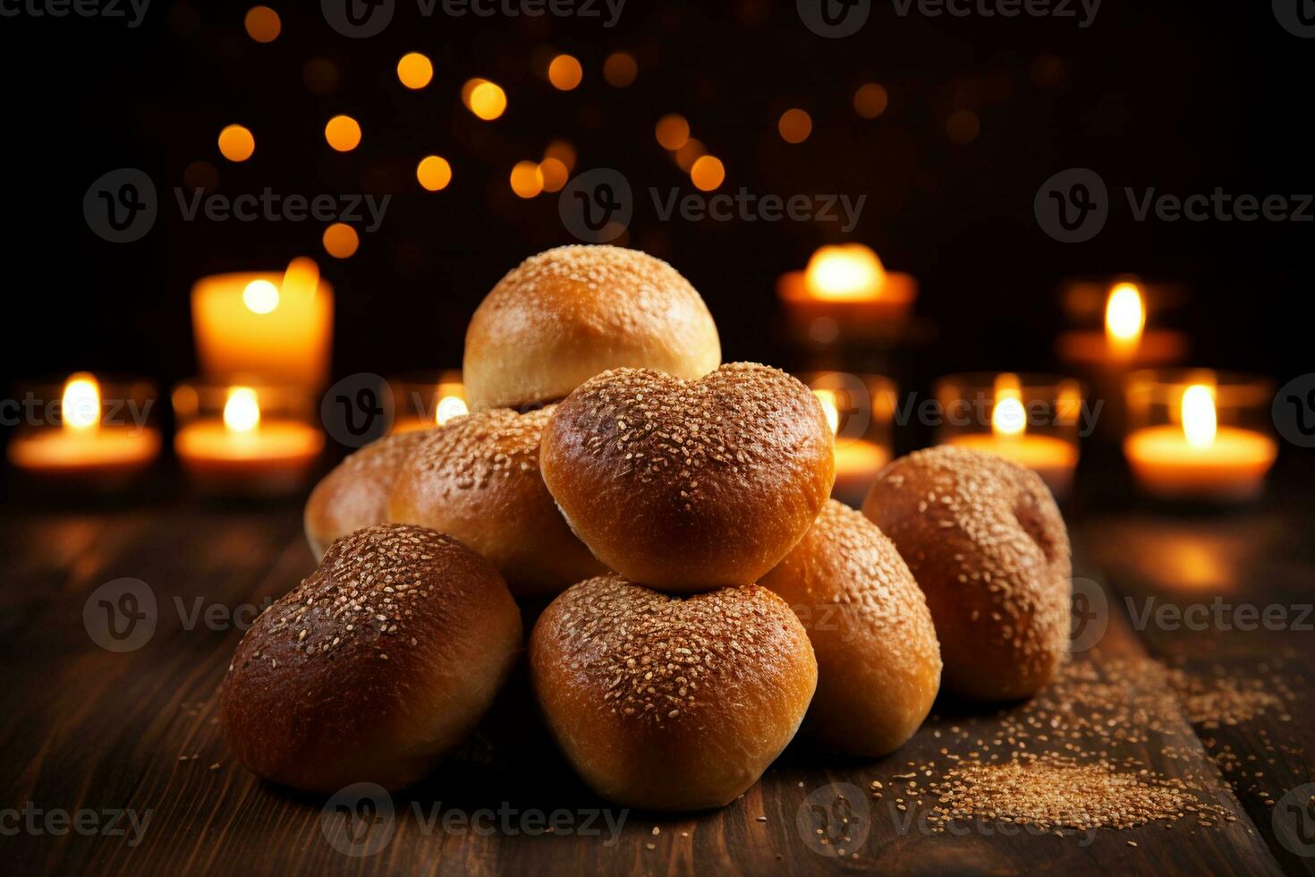 AI generated Yeast sweet buns in the shape of a heart on baking tray photo