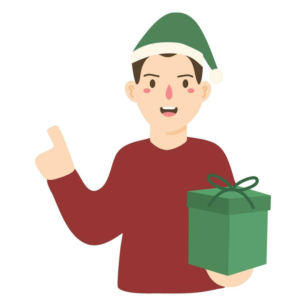 man in santa hat holding giftbox in hands vector