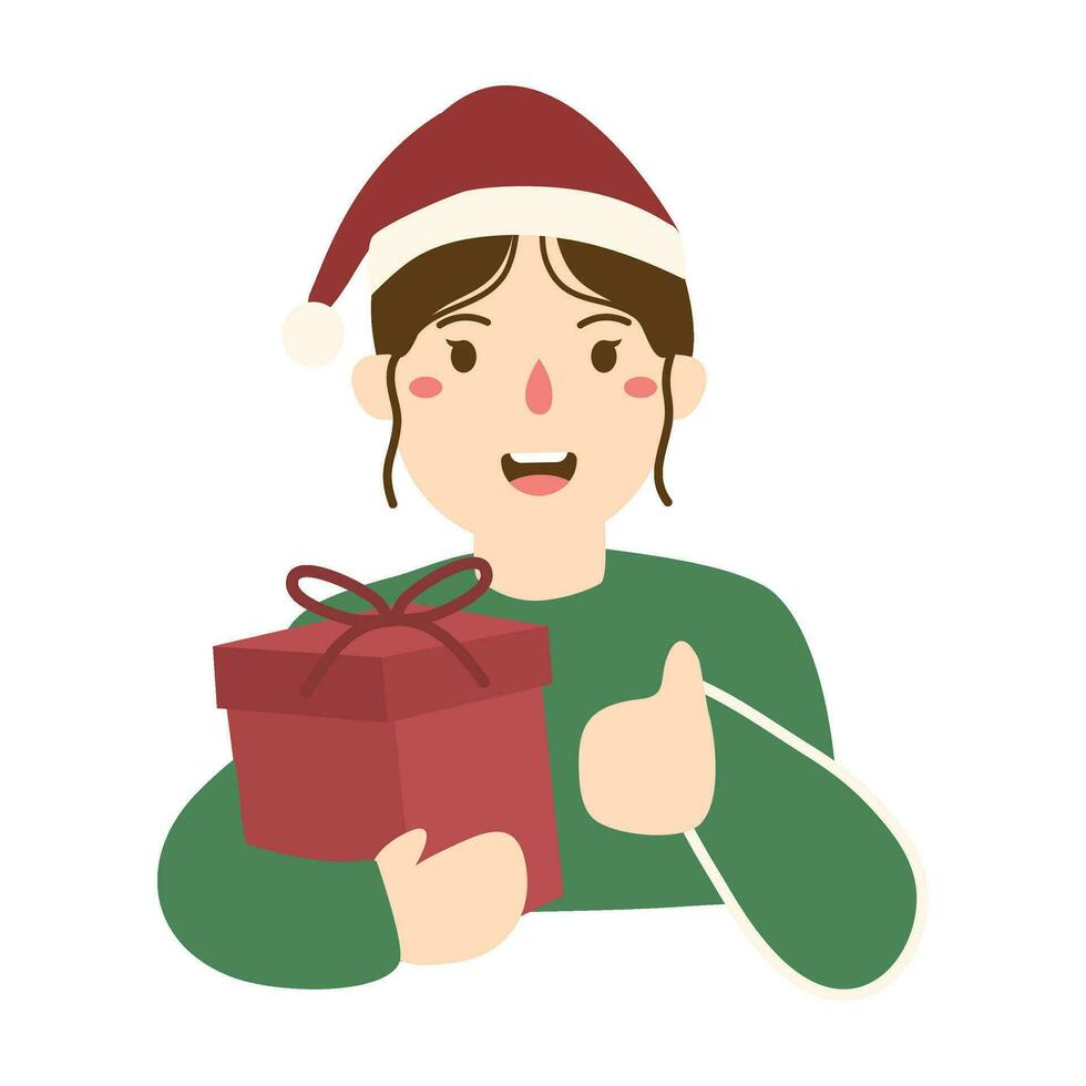 woman in santa hat holding giftbox vector