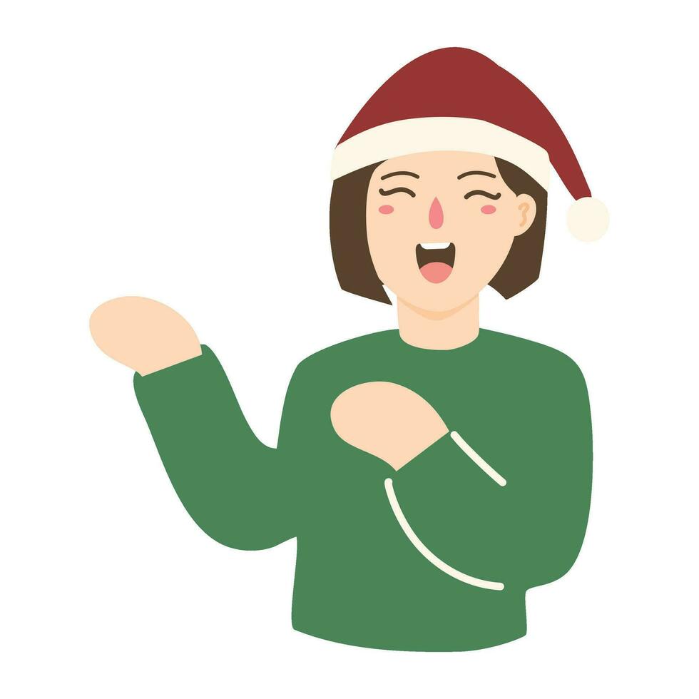 young woman man wearing santa hat pointing to the side vector