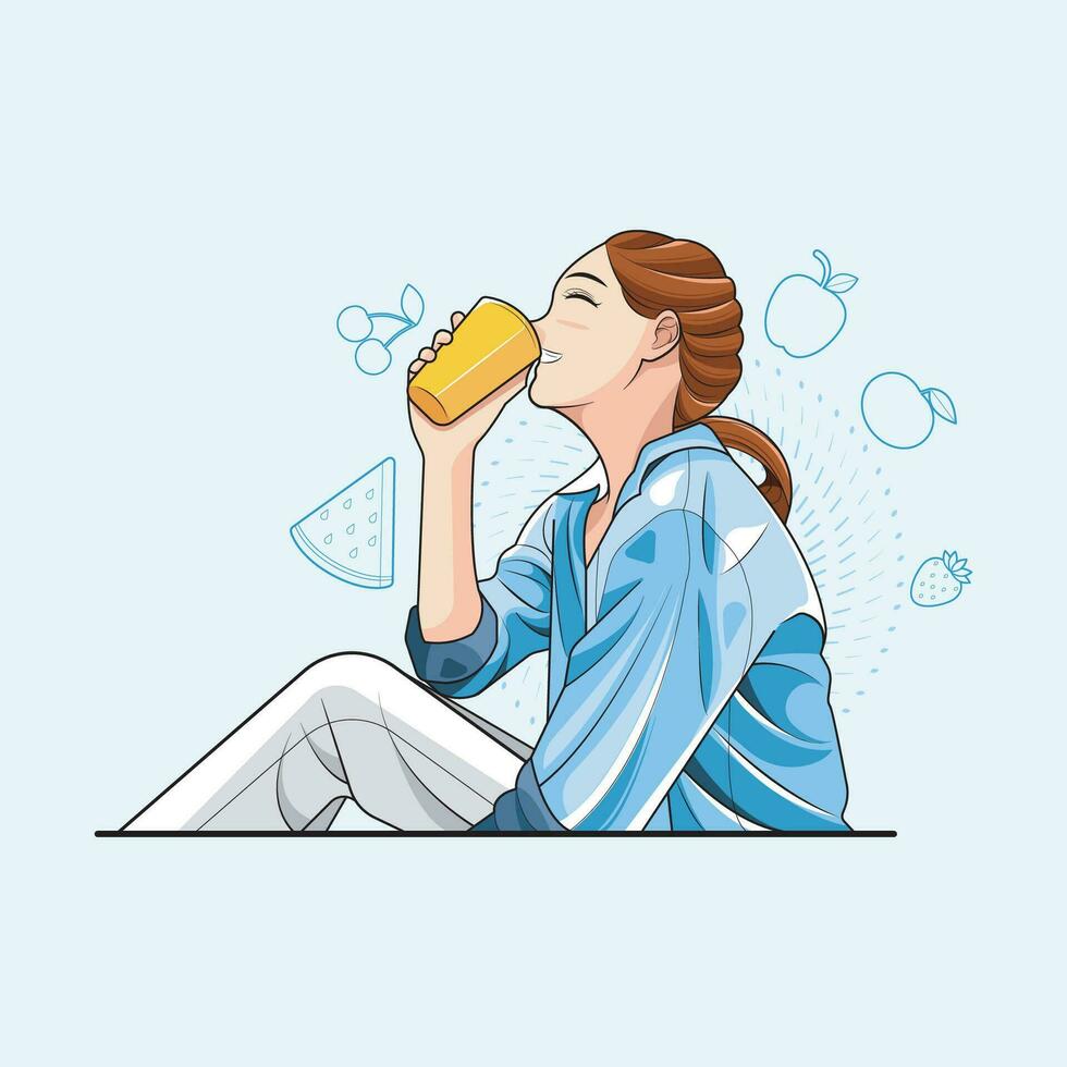 Healthy drink. Happy young woman enjoying a fresh fruit-flavored drink. Vector illustration