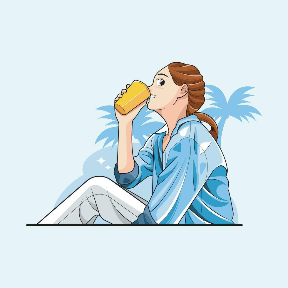 Healthy drink. Happy young woman enjoy summer drinks on the beach. Vector illustration