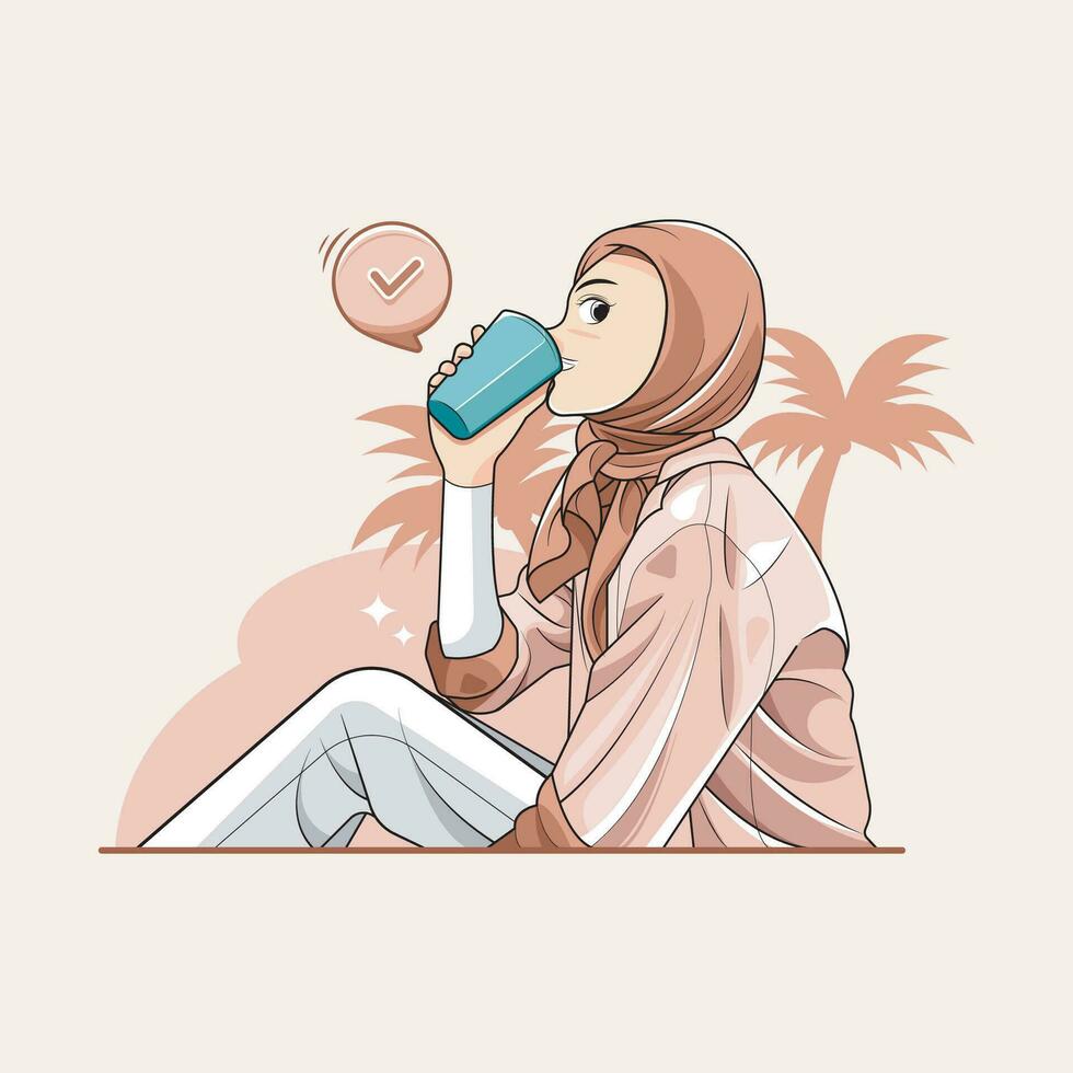 Healthy drink. A young woman in hijab enjoy summer drinks on the beach. Vector illustration
