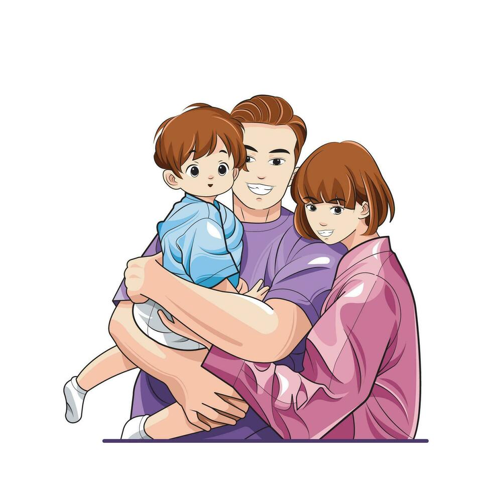 Day of families. Portrayal of Happy Parents Posing with Their Little Son. Vector illustration