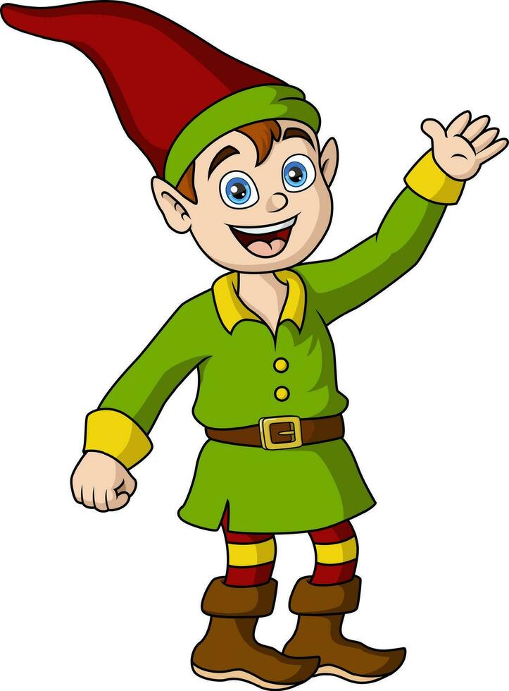 linda Navidad duende dibujos animados ondulación mano vector