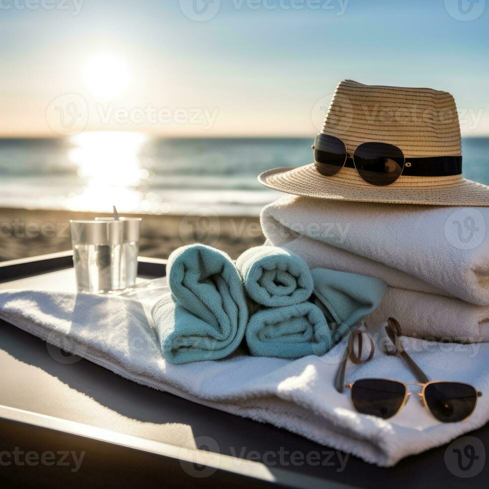 AI generated beach accessories at the seaside photo