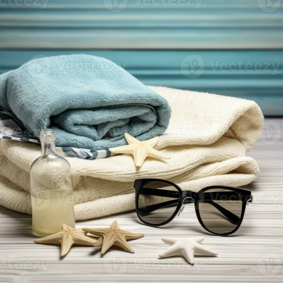 AI generated beach accessories at the seaside photo