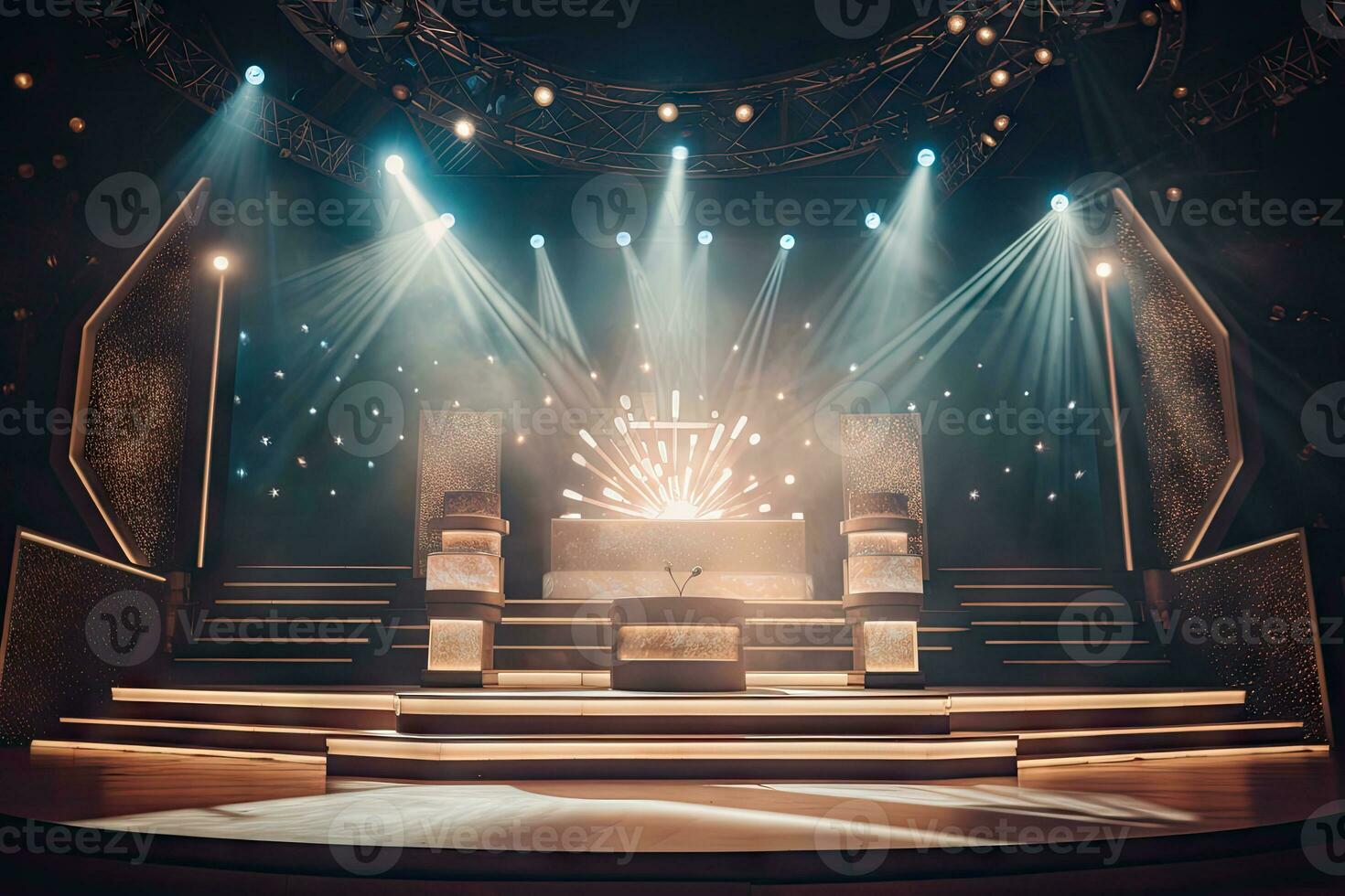 AI generated presentation backdrop with display podium under spotlights photo