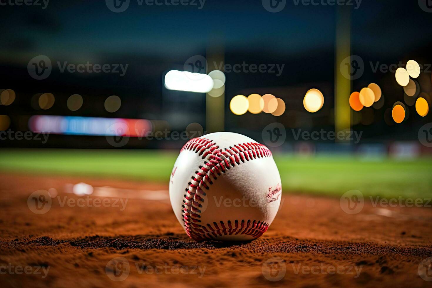 ai generado deporte estadio con béisbol pelota a noche fondo para antecedentes anuncio foto