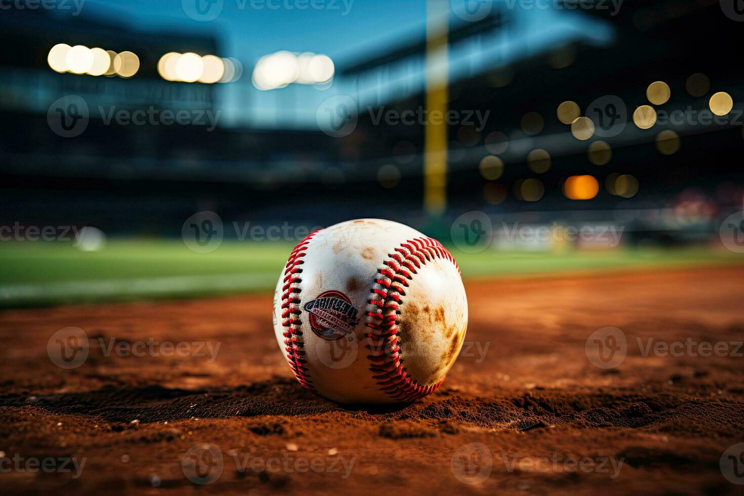 ai generado deporte estadio con béisbol pelota a noche fondo para antecedentes anuncio foto