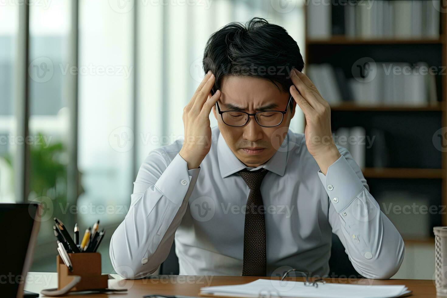 ai generado estresado hombre con dolor de cabeza trabajando temprano en el Mañana en su oficina foto