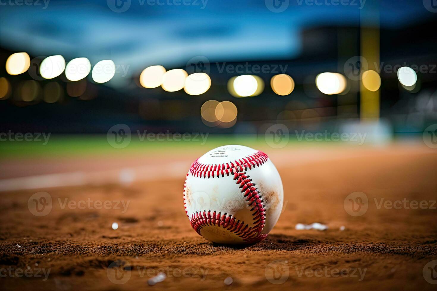 ai generado deporte estadio con béisbol pelota a noche fondo para antecedentes anuncio foto