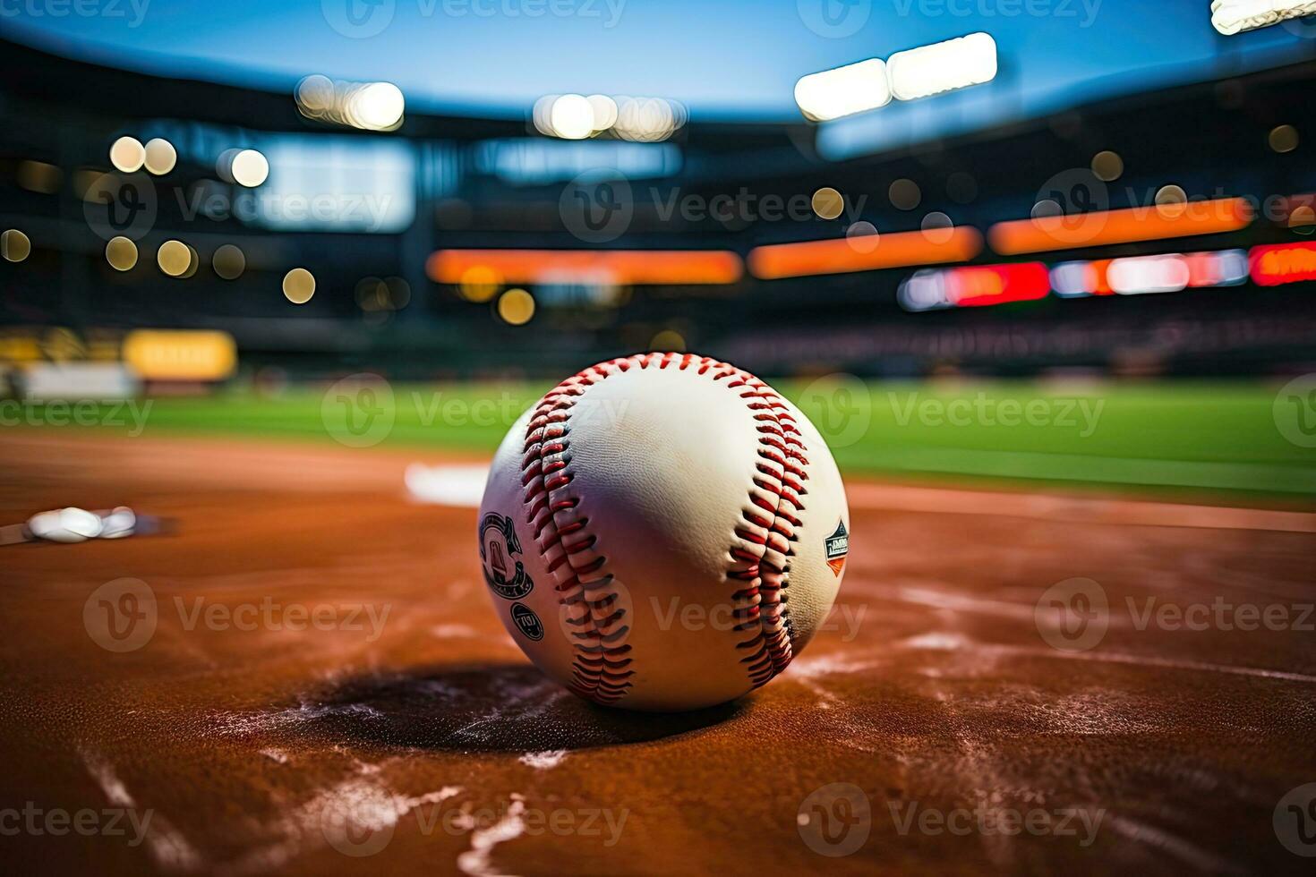 ai generado deporte estadio con béisbol pelota a noche fondo para antecedentes anuncio foto