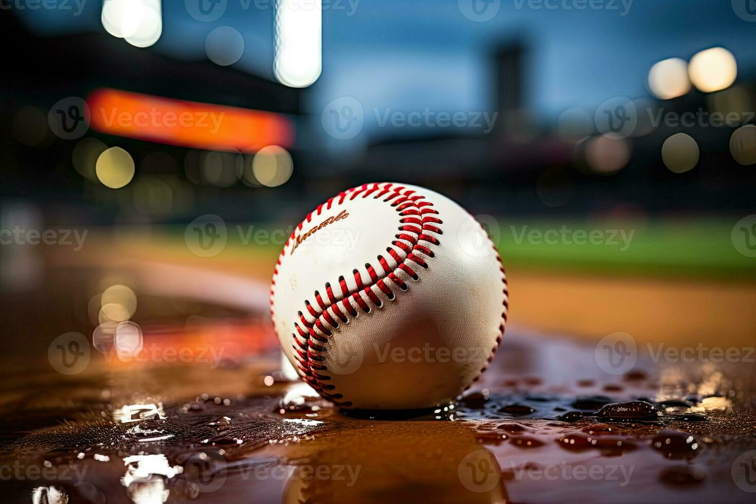 ai generado deporte estadio con béisbol pelota a noche fondo para antecedentes anuncio foto