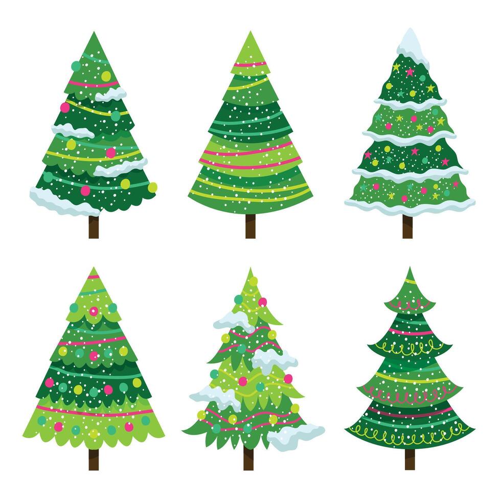 conjunto de Tres verde Navidad arboles con decoraciones planas verde Navidad arboles diciembre Días festivos moderno árbol con nieve hojas, lindo Navidad pino árboles,.navidad árbol recopilación. sencillo mano dibujado vector