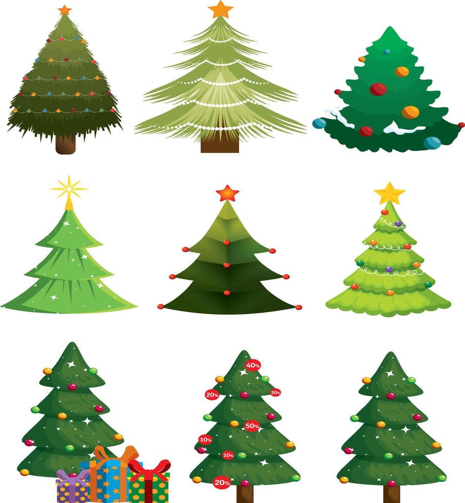 Christmas tree icon set,Flat green christmas trees. December holidays modern tree with snow leaves. Xmas spruce shapes,Decorated xmas trees. New Years tree with heralds, striped christmas pine vector